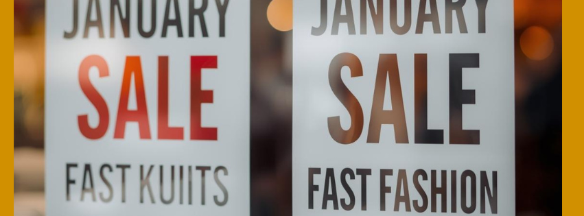 Januarudsalg, udsalg, billigt garn Hurtig srik og fast-fashion på udsalg i form af tilbudsskilte